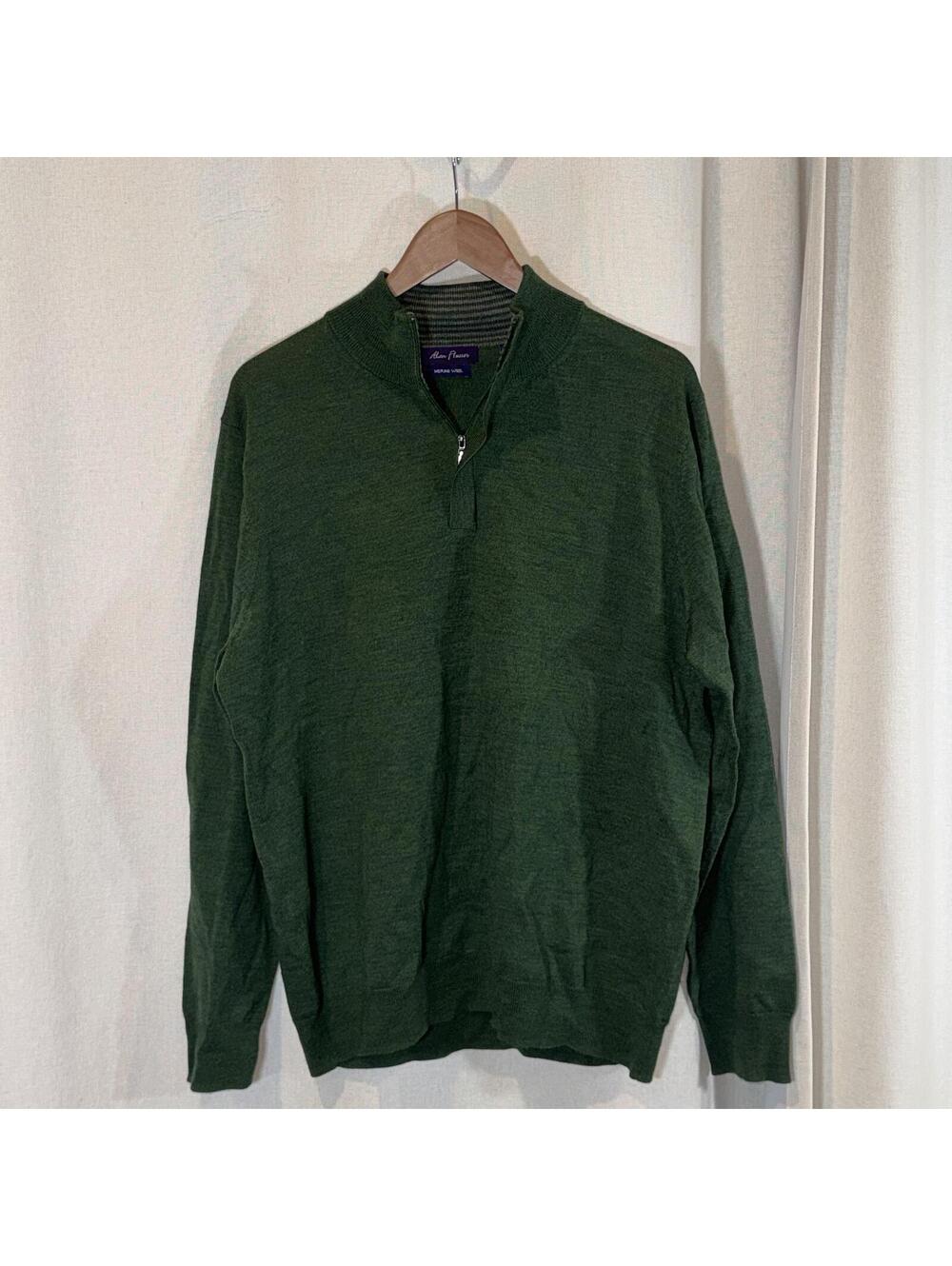 Alan Flusser Merino Wool 1/4 Zip Pullover‎ Sweater XL Green Mock Neck Old Money
